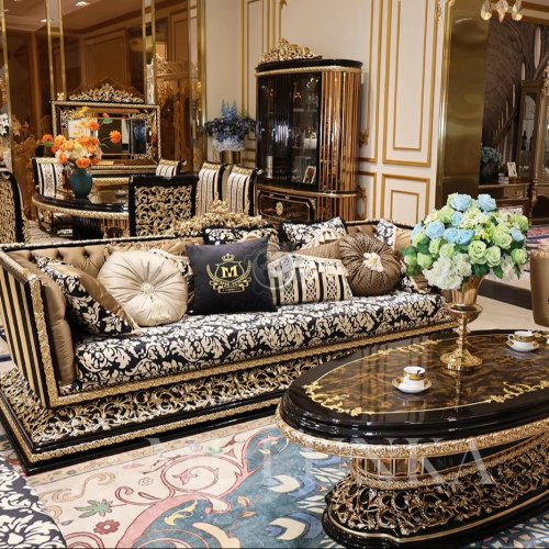 Ensemble canapé salon moderne de luxe personnalisable — structure en bois sculpté style royal et tissu haut de gamme