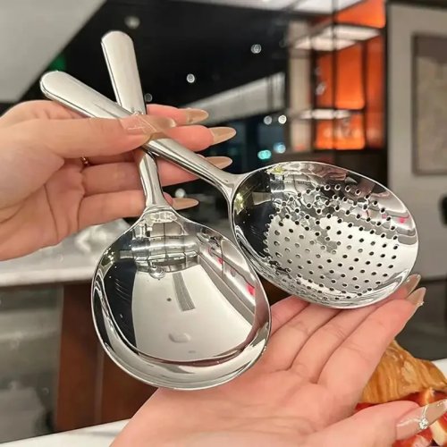 ステンレス製お玉（サービング用）熱絶縁ハンドル・水切り穴付き｜スープ・ご飯用