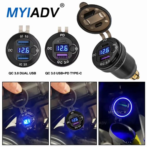 Carregador USB para mota com interruptor, QC 3.0 e USB-C PD — compatível com BMW R1200RT/R1200GS/R1250GS/R1300GS/ADV/F800GS/F800GT