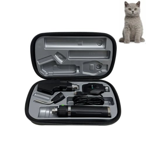 Kit Veterinário 3 em 1: Oftalmoscópio, Retinoscópio e Otoscópio com Estojo com Fecho para Diagnóstico Ocular e Auricular