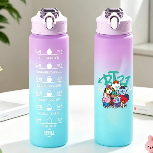 BT21 750ml Water Bottle — Leakproof Portable Sports Bottle, Large Capacity Gym Bottle, Cute Kawaii COOKY & TATA