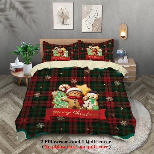 3-piece Christmas Gingerbread Print Duvet Cover Set (no insert) — comfortable, multiple sizes — machine washable, ideal for bedroom or dorm