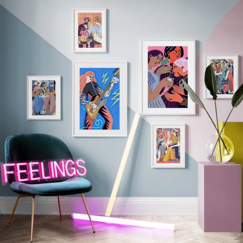 Ensemble de tableaux sur toile style nordique - Femme abstraite et fruits, affiches pour salon