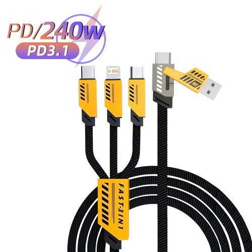 كابل 3 في 1 240W شحن سريع ونقل بيانات — Micro USB + USB‑C + Lightning لهواتف iPhone وHuawei وSamsung وXiaomi وOPPO