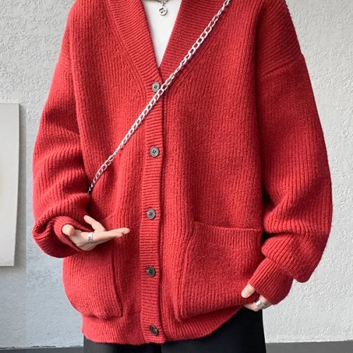 Men's Red Knitted Cardigan, Solid Color, Suit/Shawl Collar, Loose Fit Comfortable Winter Knitwear, Casual Outerwear