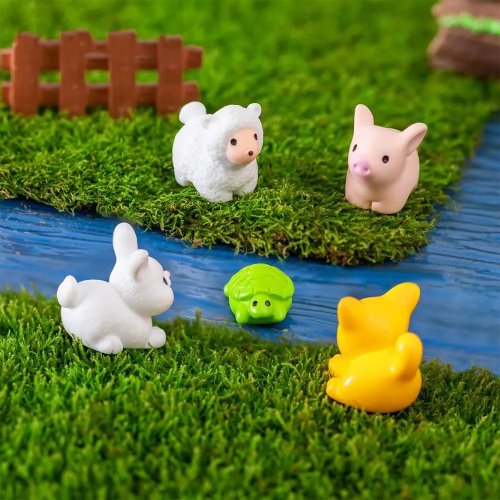 Cute Mini Resin Animal Figurines Set (Cat, Duck, Sheep, Squirrel, Frog, Turtle) — Handmade miniature ornaments for fairy gardens, dioramas & crafts
