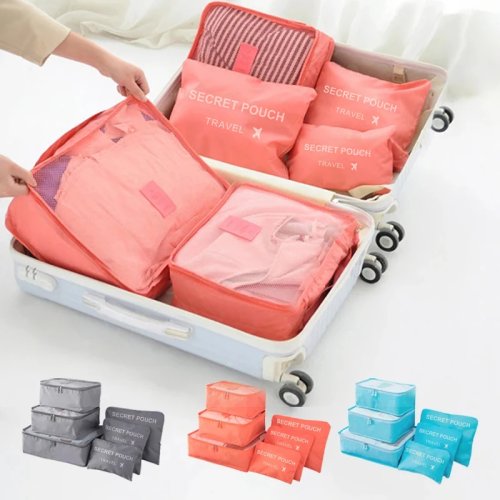 Conjunto 6 organizadores de viagem – Rosa/Azul/Cinzento, grande capacidade, impermeável com fecho