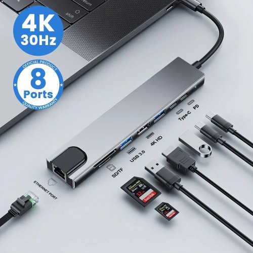USB-C Hub 8-in-1 (Type-C 3.1) – 4K HDMI, RJ45 Ethernet, SD/TF Card Reader, PD Fast Charging for MacBook & Laptops