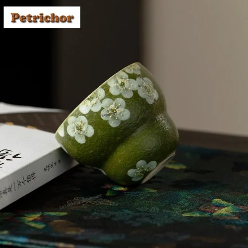 Chávena Jianzhan 60 ml pintada à mão — Chávena estética com flor branca silvestre para degustação de chá, chávena individual
