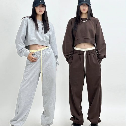 SUN90 レディースセット：ショートフーディー＆パンツ - 初春、アメリカンレトロ、香港風、綿、スリムシルエット、スポーティー