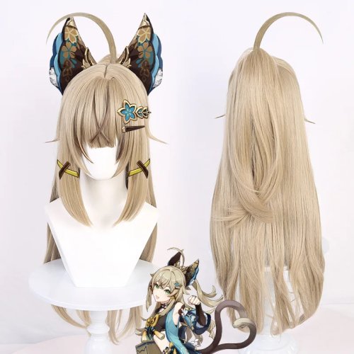 Long synthetic cosplay wig with clip-on ponytail, heat-resistant fiber and realistic natural scalp