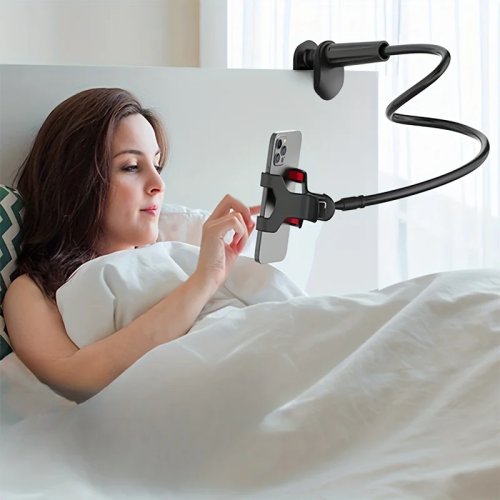 Suporte flexível para telemóvel pescoço-de-ganso — grampo para secretária/mesa de cabeceira com braço longo e pega para livestream e gravações aéreas
