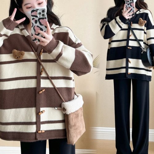 Cardigan comprido de malha para senhora com capuz e riscas, corte largo, grosso e quente — casaco/suéter outono/inverno