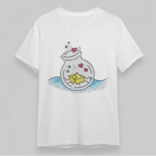 T-shirt mulher gola redonda clássica com estampado de garrafa a flutuar e barquinho de papel