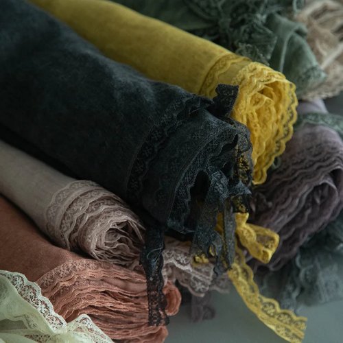 Lenço feminino em algodão e linho com renda, leve, cor linho, xale/lenço de gaze liso para primavera, outono e inverno