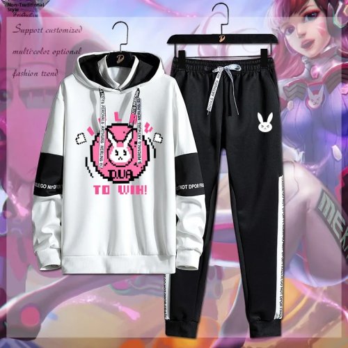 Set felpa con cappuccio e pantaloni D.Va con coniglio — Outfit sportivo casual per ragazzi/ragazze, poliestere e elastan, manica lunga, look autunnale
