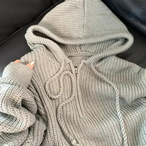 Felpa con cappuccio donna stile coreano - maglia, mezza cerniera, vestibilità morbida, colore unico, autunno/inverno