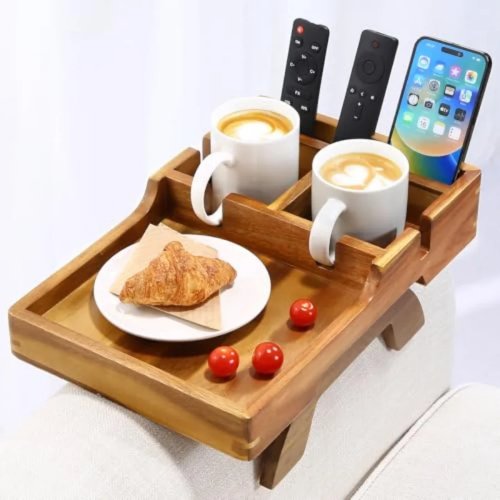 Tabuleiro de braço para sofá em madeira 39×25 cm — Dobrável com suporte para copo e antiderrapante