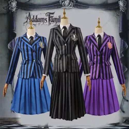 Fato cosplay Wednesday Addams para mulher — uniforme de colegial preto com gola e saia, ideal para Halloween e Carnaval