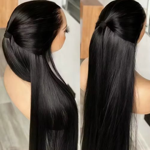 Perruque en cheveux naturels 40" (≈101 cm) 360° Full Lace, frontal 13x6 en dentelle HD transparente, pré‑épilée (pre‑plucked), très lisse «bone straight», noir naturel