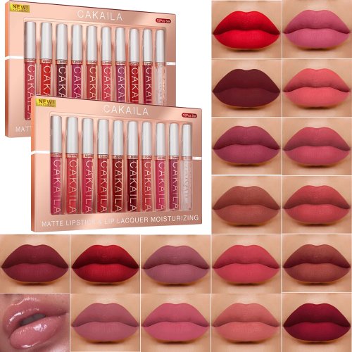 10er-Set Mattes Flüssig-Lippenstift + Lippenöl – Velvet-Finish, wasserfest, langanhaltend, nicht abfärbend; Nude/Rot/Rosa, für Alltag & Party