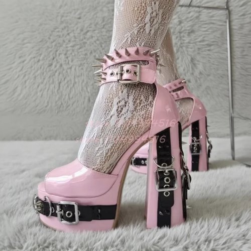 Tacones plataforma con tachuelas para mujer, puntera abierta, correa al tobillo, tacón grueso – Zapatos de fiesta góticos y sexys