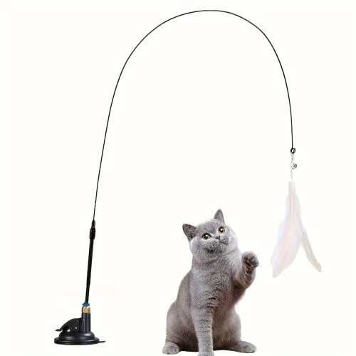Interactive Cat Teaser Wand with Feather & Bell — Long Pole with Suction Cup