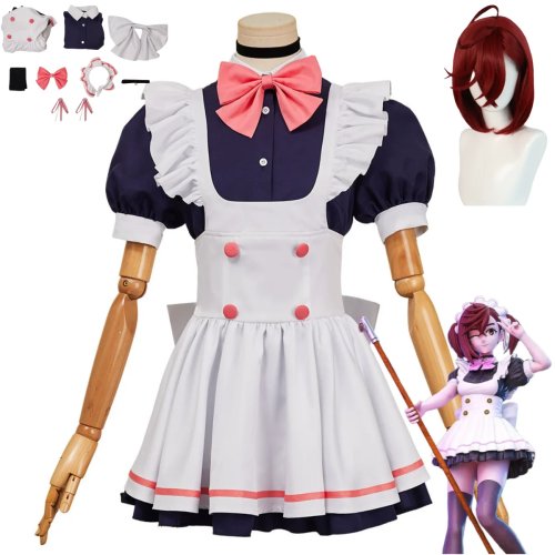 Damski kostium cosplay Kawaii Święta/Karnawał „Dandadan” Ayase Momo – sukienka maid/Lolita, spódnica z kokardą i peruka