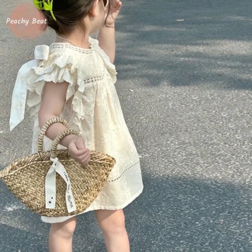 Baby Girl Princess Cotton Dress — Lace flutter sleeves, flower cut-out detail, infant/toddler sizes 1–10Y