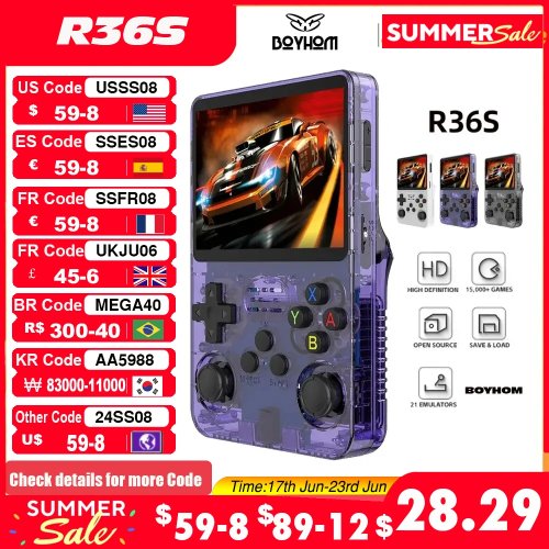 เครื่องเล่นเกมพกพาเรโทร R36S (โอเพ่นซอร์ส) — Linux, จอ IPS 3.5 นิ้ว, เครื่องเล่นพกพา, 64GB (R35S)