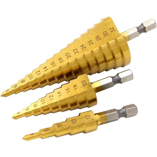 Stufenbohrer-Set (Pagode), titanbeschichtet, Sechskant-Schaft, gerade Nut — Größen 3–12 / 4–12 / 4–20 / 4–32 mm
