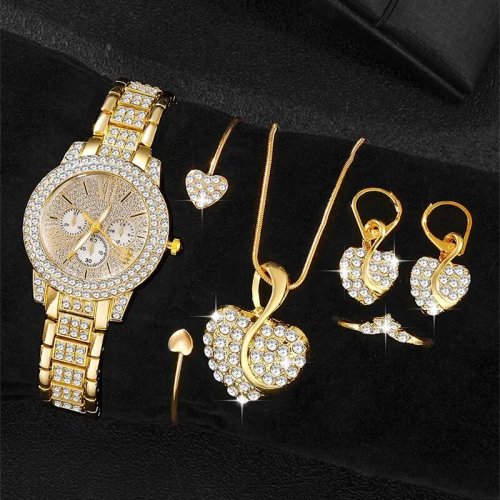 Montre femme quartz dorée et coffret bijoux (collier, boucles d'oreilles, bague) ornés de strass