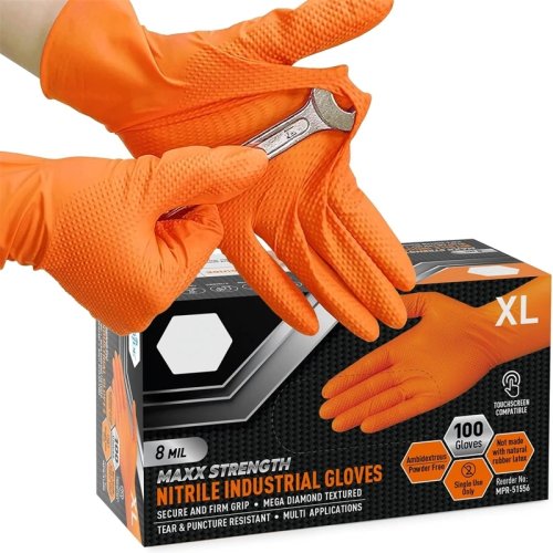 Guantes desechables de nitrilo naranja resistentes 8 mil con agarre textura diamante, antideslizantes para mecánicos y trabajo industrial