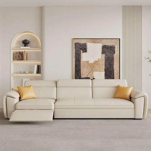 Sofá elétrico bege curvo com apoios de braço — estilo europeu minimalista para sala de estar