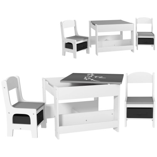 3-Piece Kids Table and Chair Set with Blackboard, Storage & Bookshelves - Grey