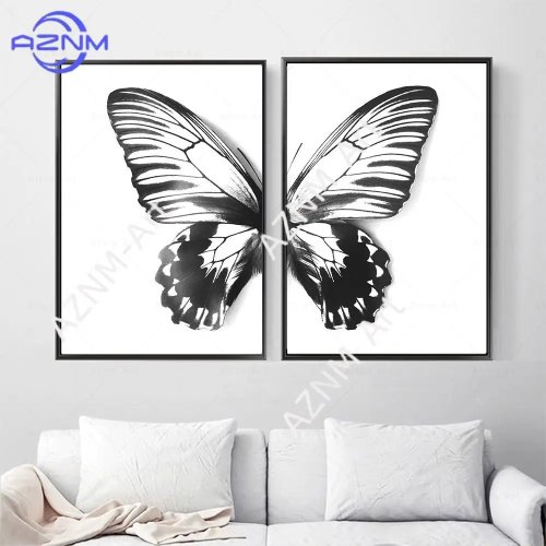 Scandinavische canvas wanddecoratie zwart-witte vlinder – poster/print voor woonkamer en kinderkamer