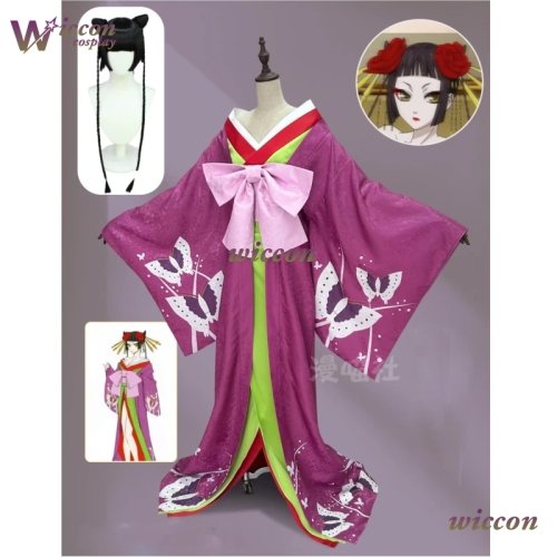 Fato cosplay Ran-Mao (Black Butler) — quimono roxo floral com cauda e peruca, traje feminino para Halloween/roleplay