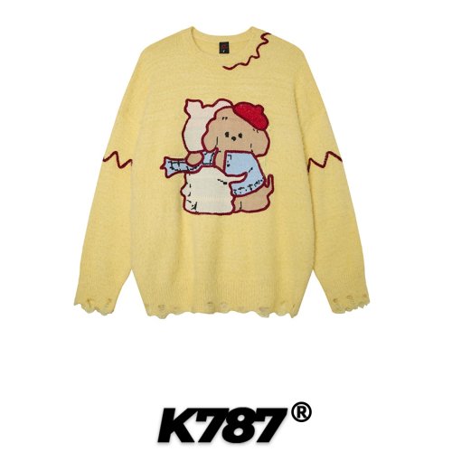 Camisola de malha feminina gola redonda com padrão de cachorrinhos retro, corte oversized, cor-de-rosa, outono/inverno, detalhe com buracos, estilo street