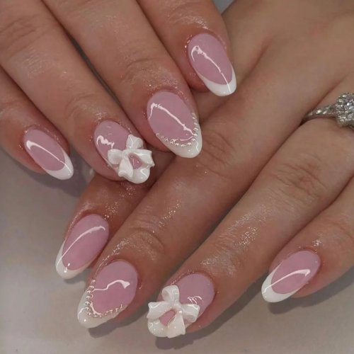 Conjunto 24 unhas postiças curtas formato amêndoa – padrões florais e morango, french rosa, unhas autocolantes press‑on