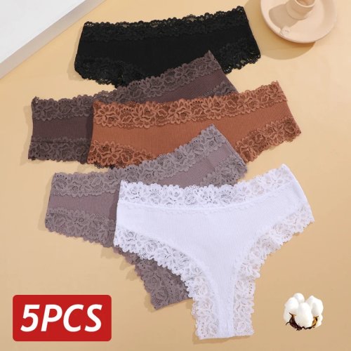 Conjunto 5 Cuecas Femininas Renda Sem Costura Algodão Corte Brasileiro Canelado Respirável Macias Tamanhos S–XL