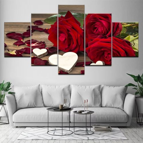 Conjunto de 5 Quadros em Tela - Rosas, Painel Modular para Sala
