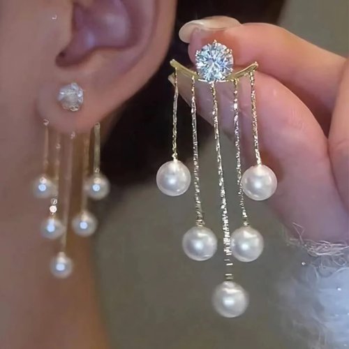 Boucles d'oreilles pompon perle argent 925 – style coréen avec zircons, tige en argent, bijou femme