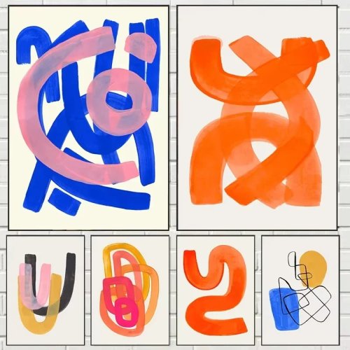 Impression sur toile minimaliste style mid-century, aquarelle coups de pinceau abstraits orange — décoration murale pour salon