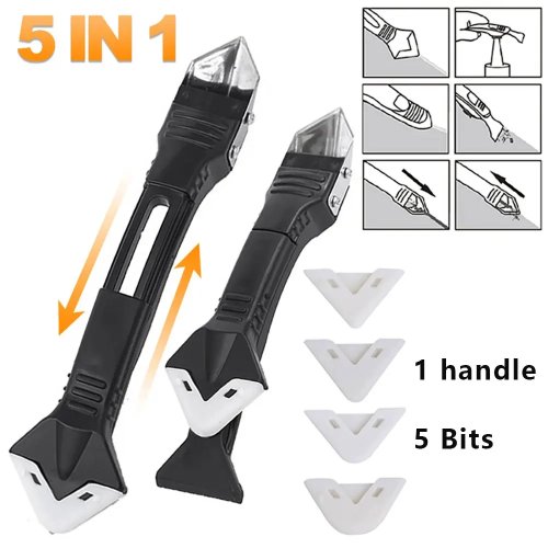 Kit de ferramentas 5 em 1 com cabeça metálica para selantes e rejuntes — espátula de silicone, removedor de silicone, raspador de rejunte, acabamento de selante e limpa-cantos