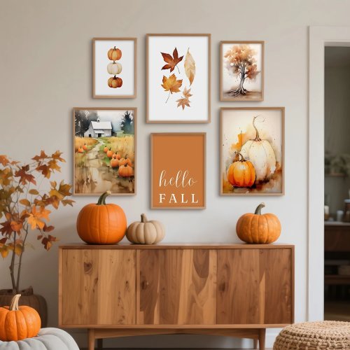 Tableau sur toile « Hello Autumn » citrouilles et feuilles d'automne — Décoration murale mignonne pour salon, déco Halloween