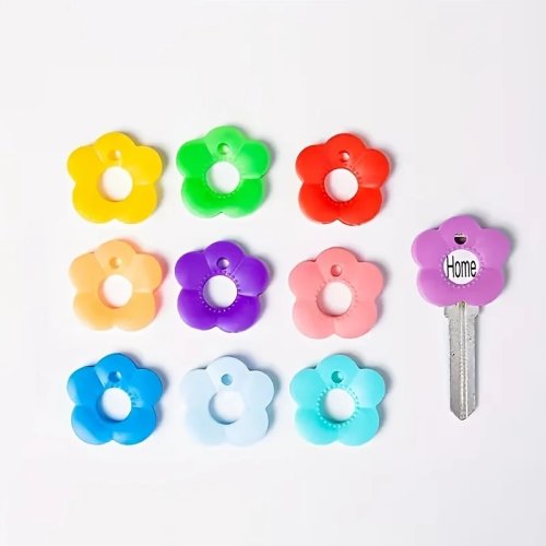 5-piece flower keycap set — multicolor labeled protective key covers with color-coded keychain holder, easy to install. Gift for him/her, ideal for home, office, parties (random color)