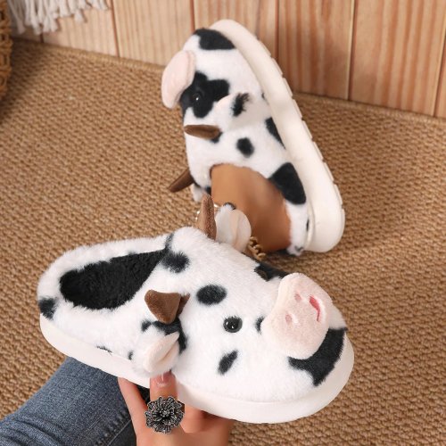 Zapatillas de casa unisex de peluche con diseño de vaca – cálidas, antideslizantes, para mujer y hombre, para parejas