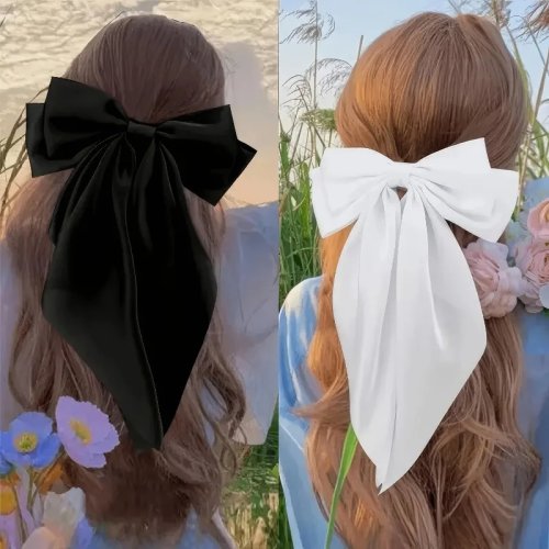 Set 2 clip per capelli con fiocco grandi stile coreano, nero e bianco, per capelli folti/ricci/ondulati