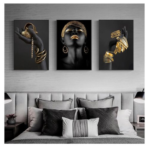 Afrocentric canvas print - portrait of Black woman holding gold jewelry, large wall art poster for home