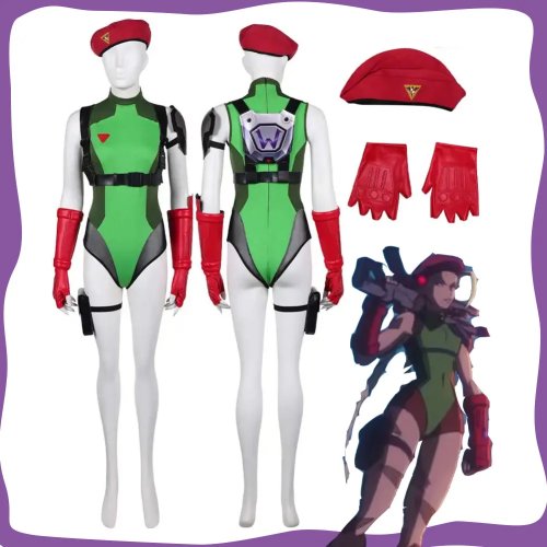 Fato cosplay Cammy/Widowmaker feminino — Macacão com chapéu e luvas, para adulto, ideal para Halloween/Carnaval